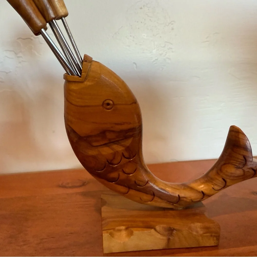 Wooden Whale fish Holder cocktail hors serving fork picker set‎ of 5